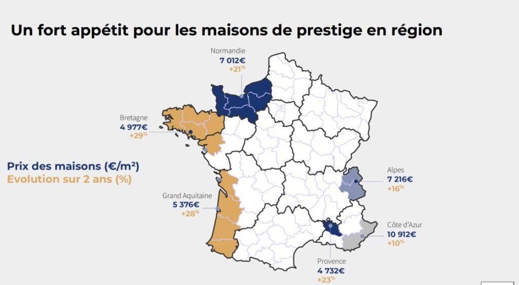 Marché des acquéreurs immobilier de luxe : carte de France avec les principales régions